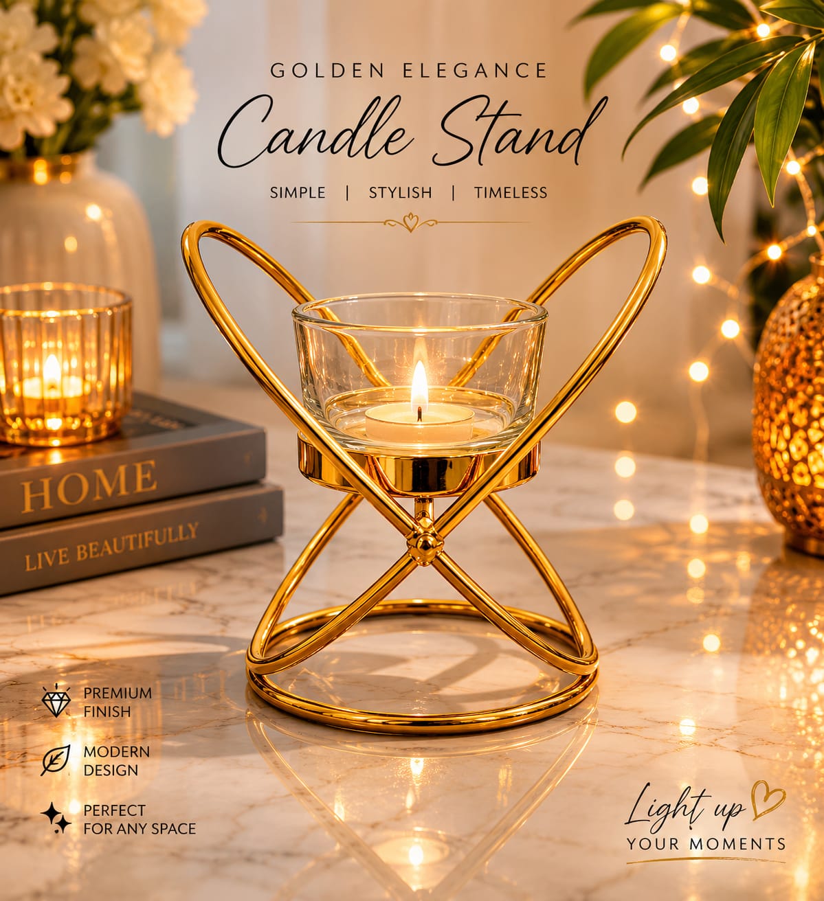 Golden Elegance Metal Candle Stand with Glass Holder – Luxury Home Decor