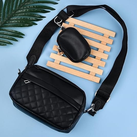 Elegant Black Quilted Crossbody Shoulder Bag with Mini Coin Pouch