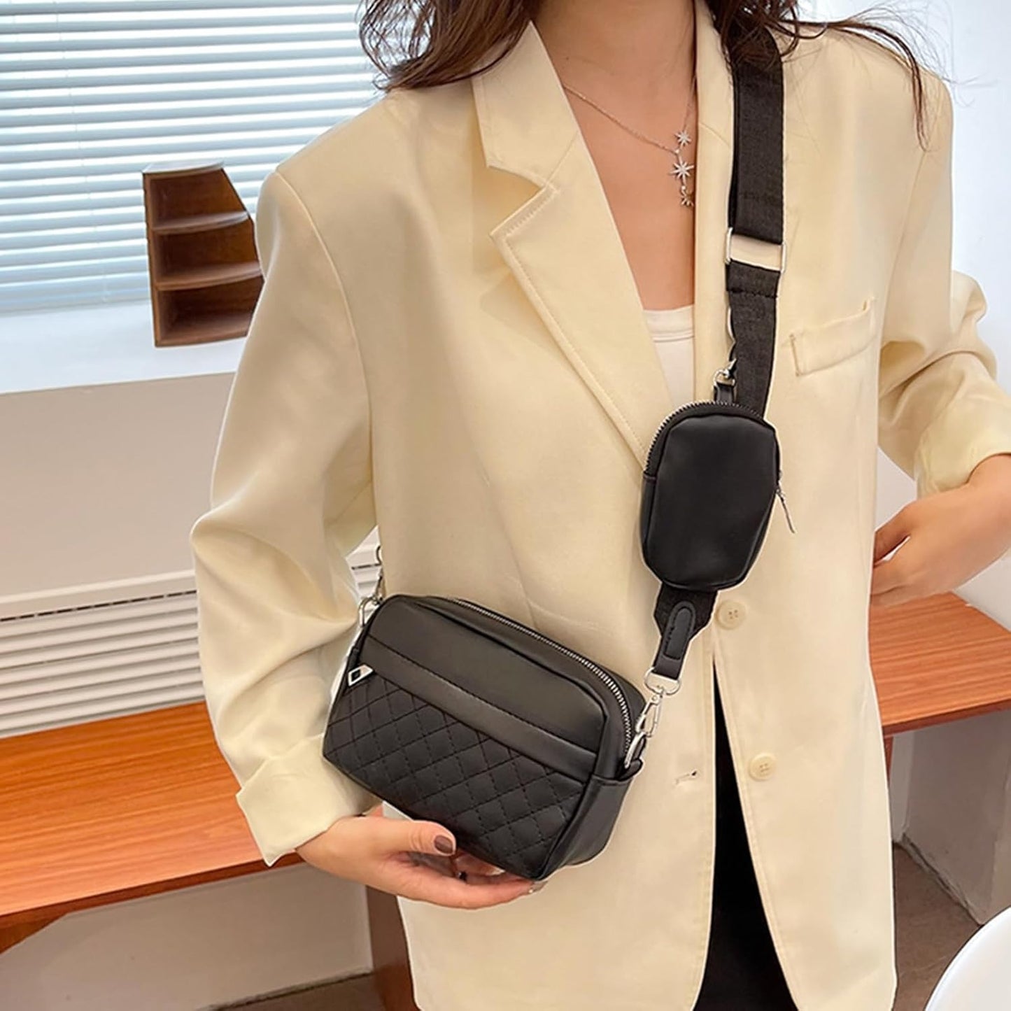 Elegant Black Quilted Crossbody Shoulder Bag with Mini Coin Pouch