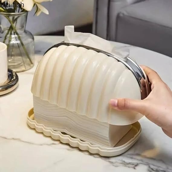 Elegant Shell Design Tissue Box Holder with Spring-Loaded Napkin Dispenser – Cream White