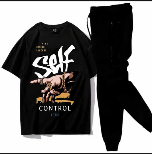 Men's Black Graphic T-Shirt & Cargo Jogger Tracksuit Set – Self Control Streetwear Outfit